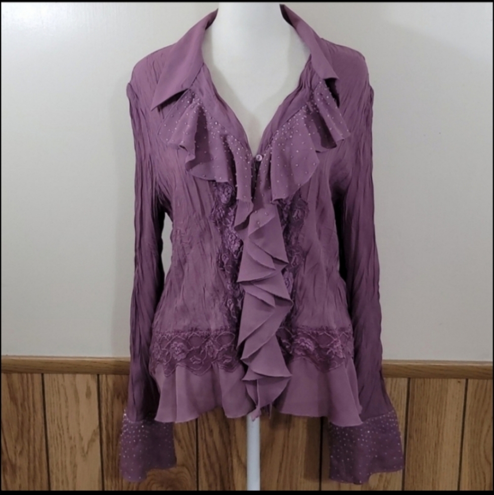 Sunny Taylor Blouse Purple Victorian Beaded Ruffled Crinkled Flared Sleeves